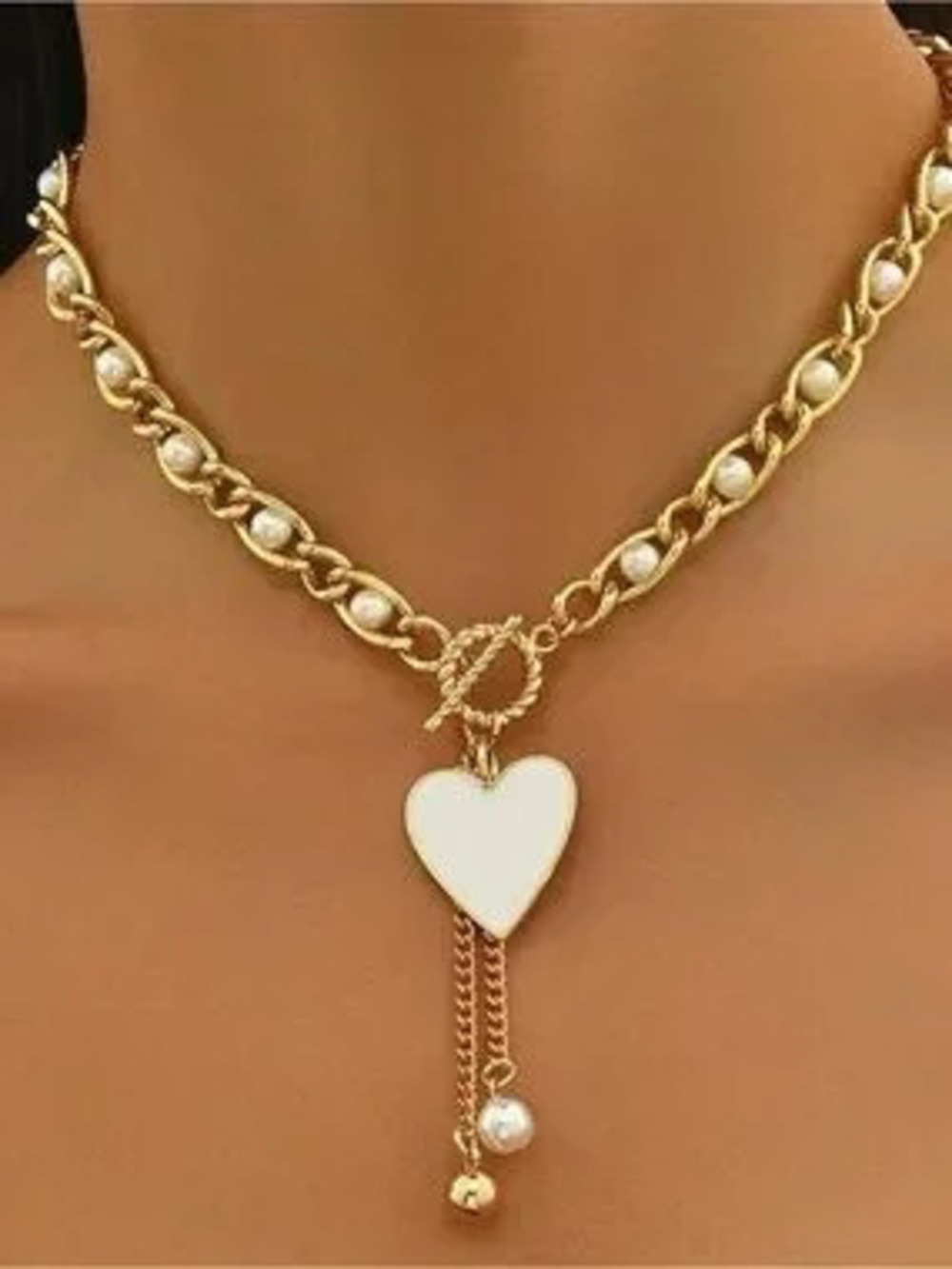 Anthropologie Gold Chain Necklace with White Heart & Pearls
